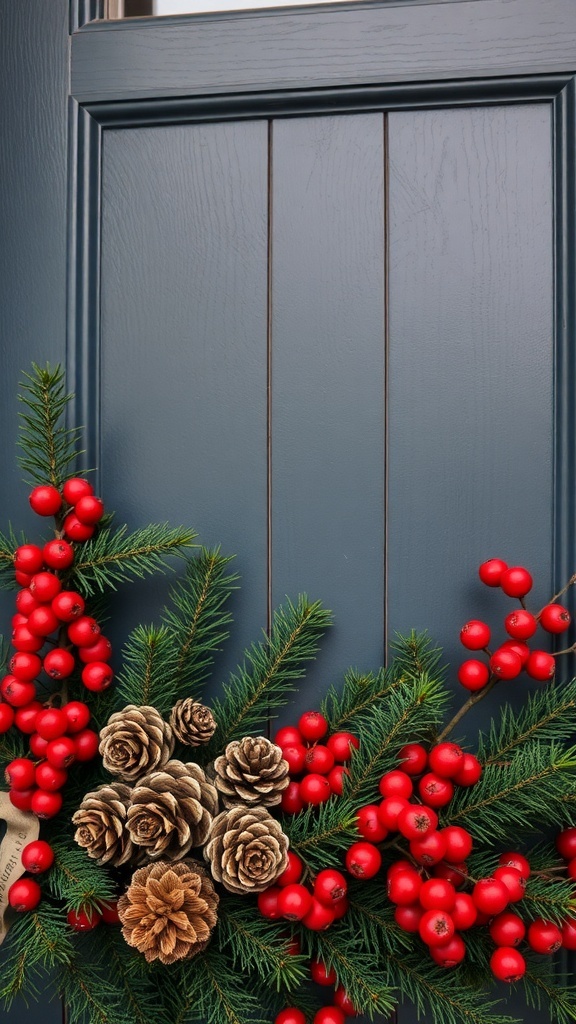 A festive arrangement of pinecones and red berries on a front door.