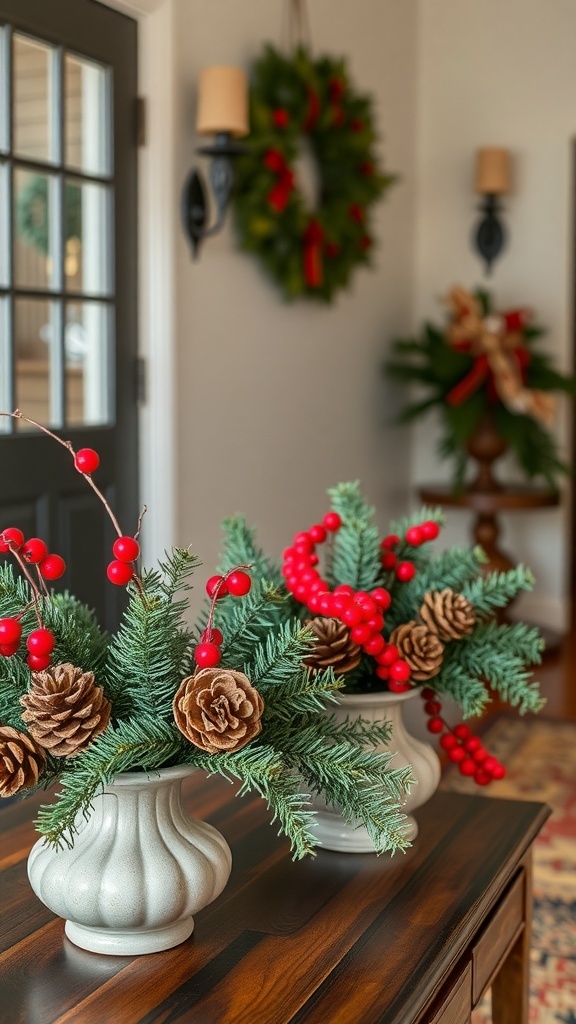 Pinecone and berry arrangements on an entryway table with a wreath in the background.