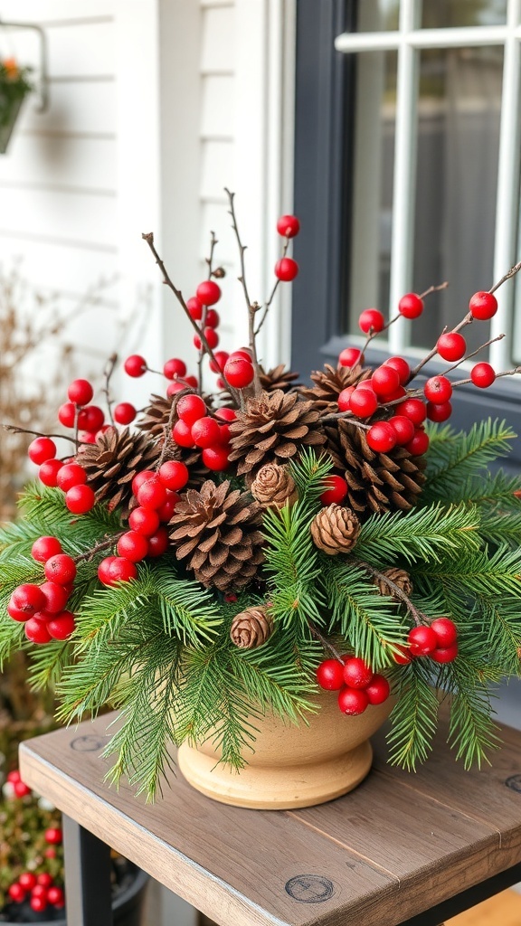 A decorative arrangement of pinecones and red berries in a pot on a porch.