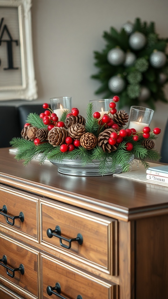A festive centerpiece featuring pinecones and red berries on a wooden dresser.