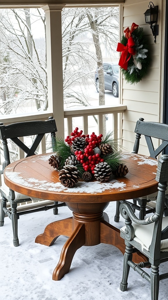A winter porch decor featuring a centerpiece with pinecones and red berries on a wooden table.