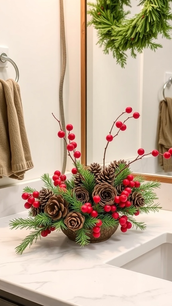 A festive centerpiece with pinecones and red berries in a bathroom setting.