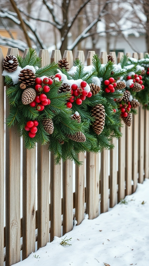 Pinecone and berry garland hanging on a wooden fence with snow on the ground