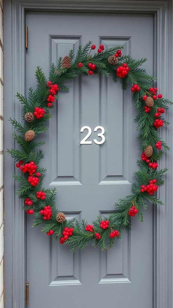 A festive pinecone and berry garland on a gray door with the number 23.