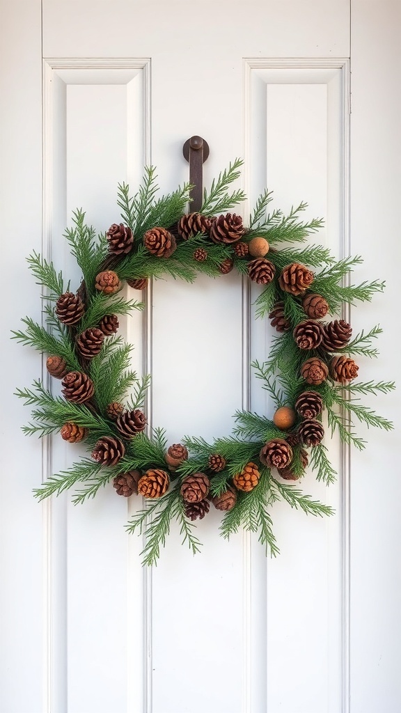A winter wreath made of pinecones and cedar leaves hanging on a door.