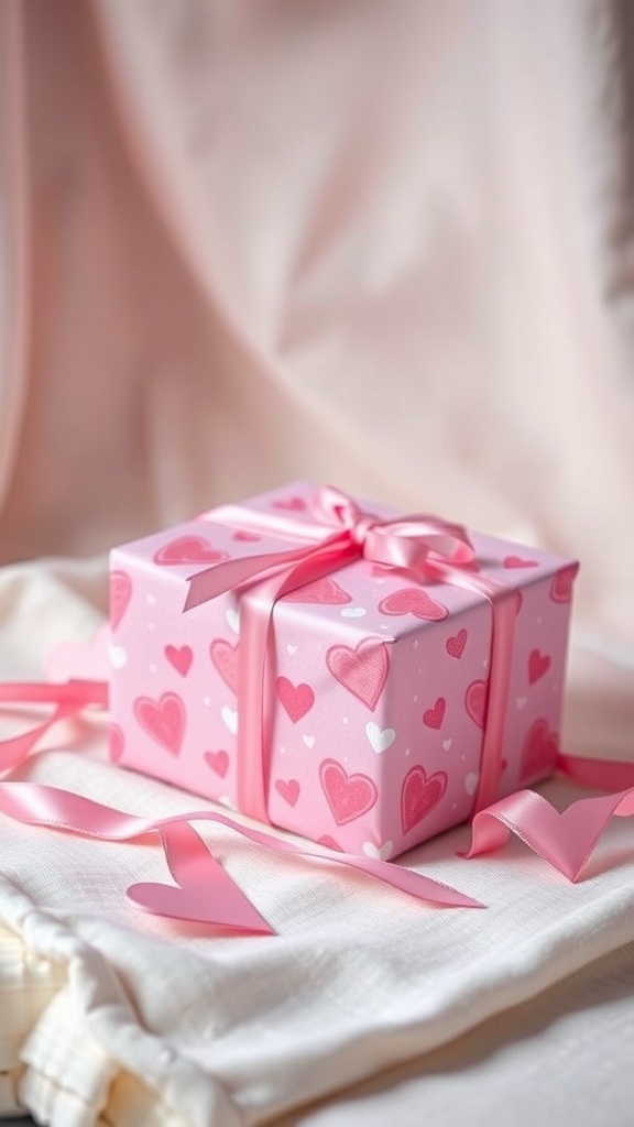 A beautifully wrapped gift in pink paper with hearts and pink ribbons.