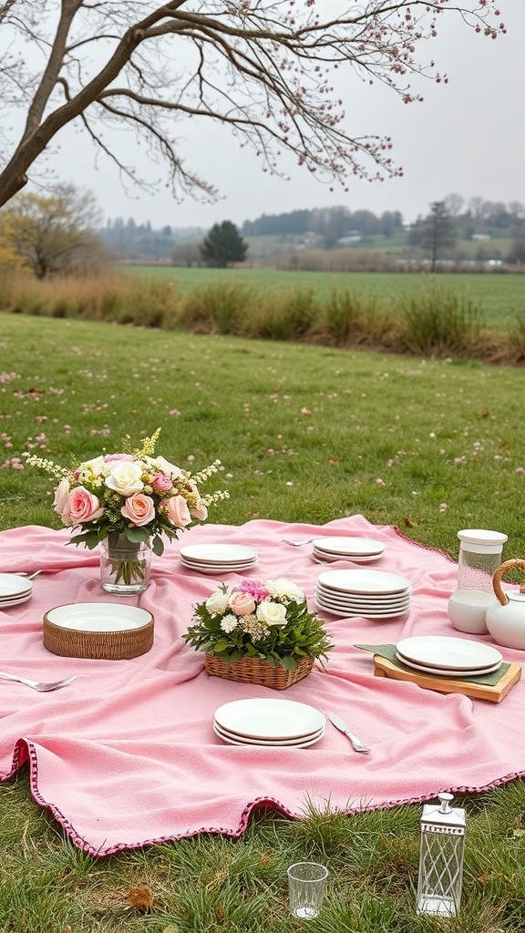 A pink picnic setup with plates, flowers, and a cozy blanket in a grassy area.