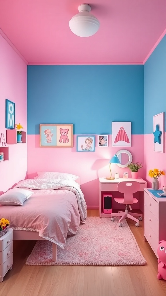 A playful pink and blue bedroom featuring a bed, desk, and colorful decor.