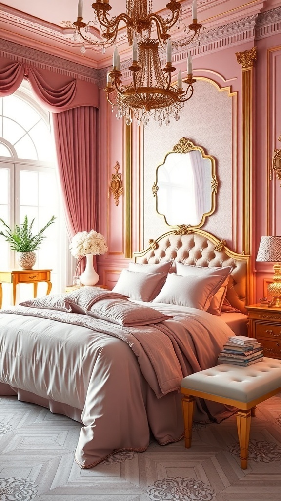 A beautifully designed pink and gold bedroom featuring a plush bed, elegant decor, and soft lighting.