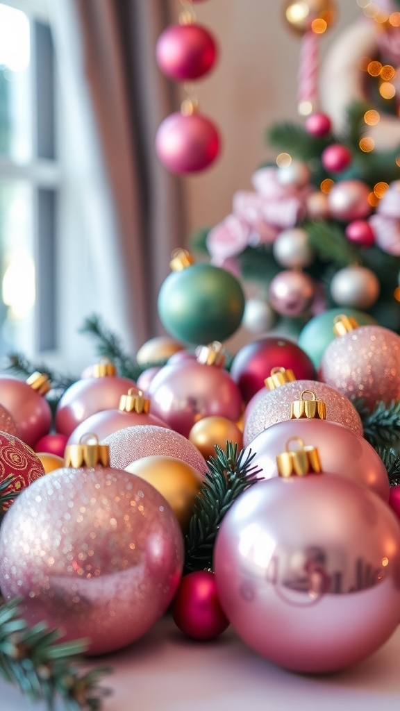 Close-up of pink and gold Christmas ornaments with greenery.