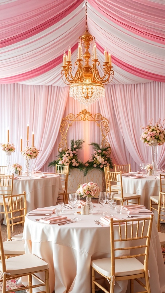 Elegant wedding setup featuring pink and gold decor with chandeliers and floral arrangements.