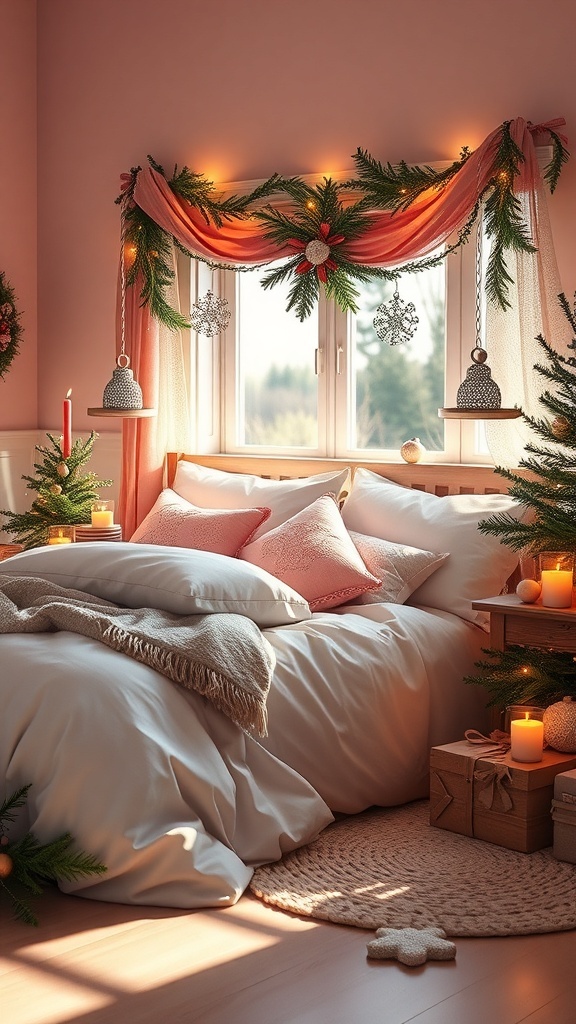 A cozy pink Christmas bedroom with a pink wall, white bedding, and a decorated Christmas tree.