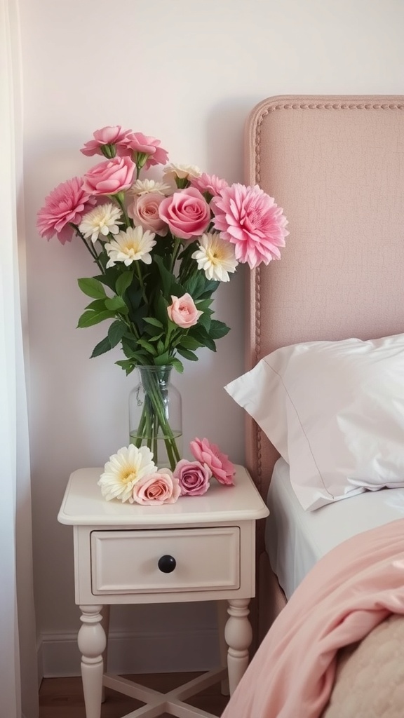 A vase of pink and white flowers on a bedside table in a soft pink bedroom.