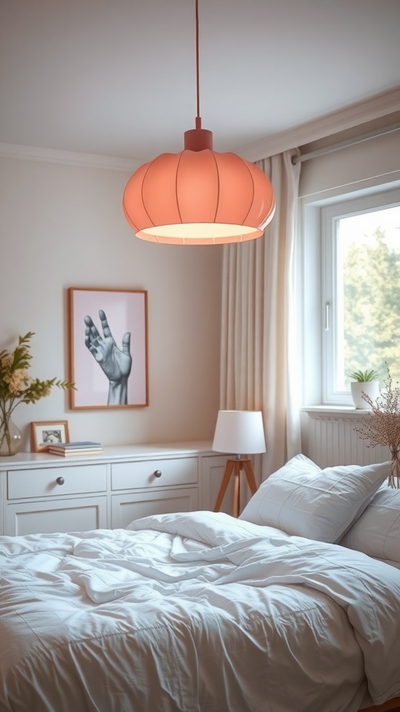 A soft pink pendant light hanging in a cozy bedroom with white bedding and a touch of greenery.