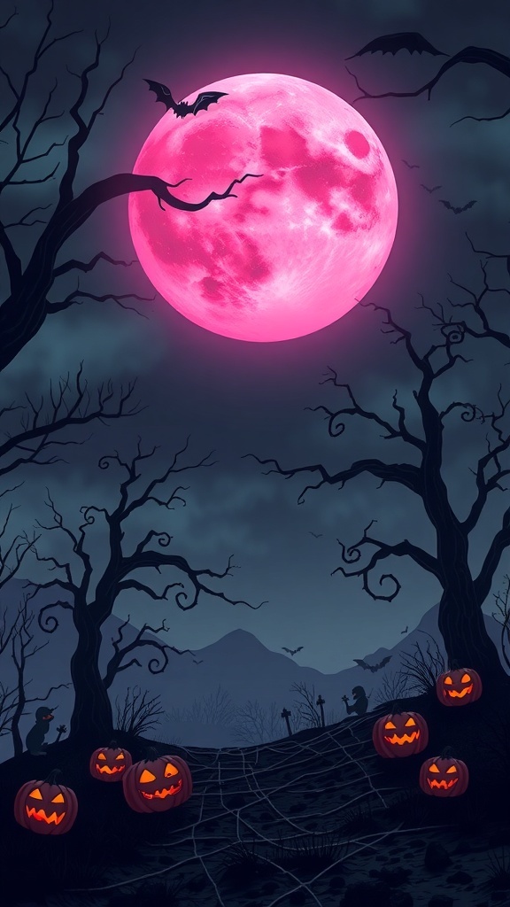 A spooky landscape featuring a pink moon, twisted trees, bats, and glowing jack-o'-lanterns.