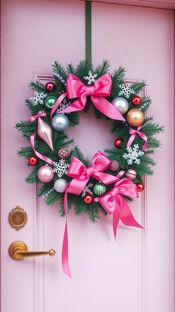 A pink holiday wreath with bows and ornaments on a pink door.