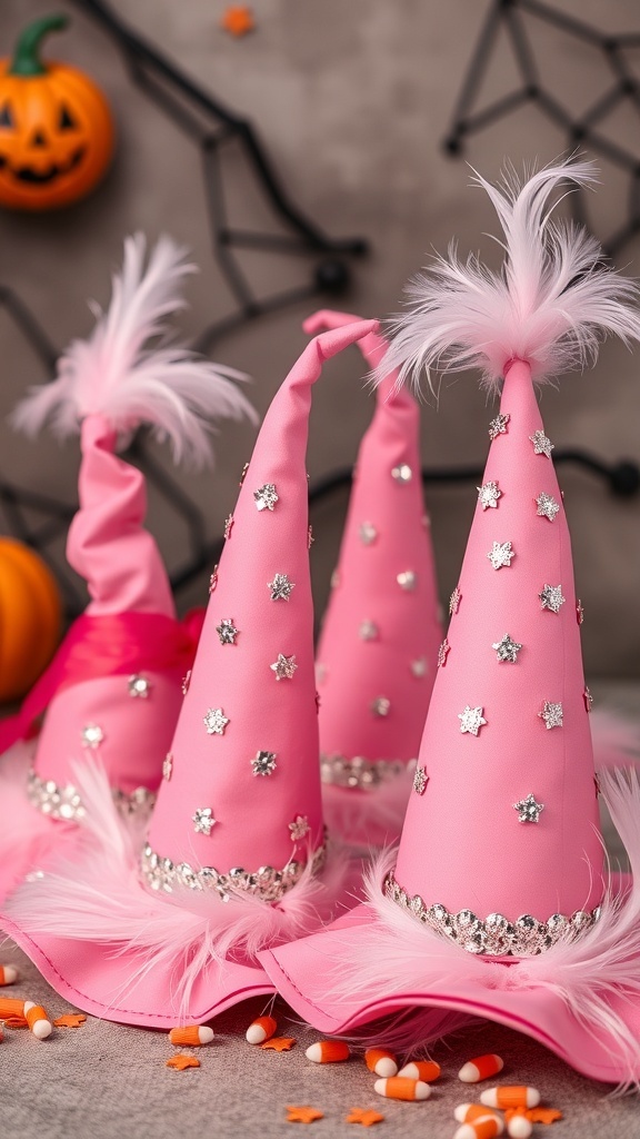 A collection of pink witch hats decorated with stars and feathers, set against a Halloween backdrop.