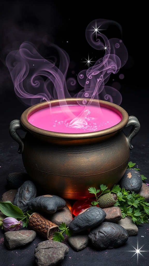 A bubbling pink potion in a cauldron surrounded by stones and herbs