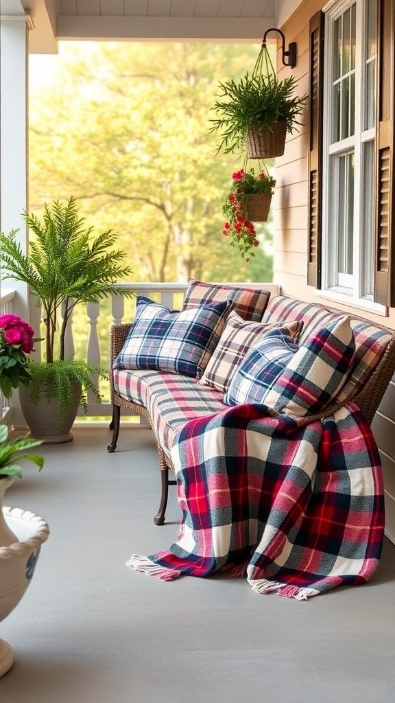 Cozy front porch with plaid accents, featuring a bench with plaid pillows and a throw, surrounded by plants.