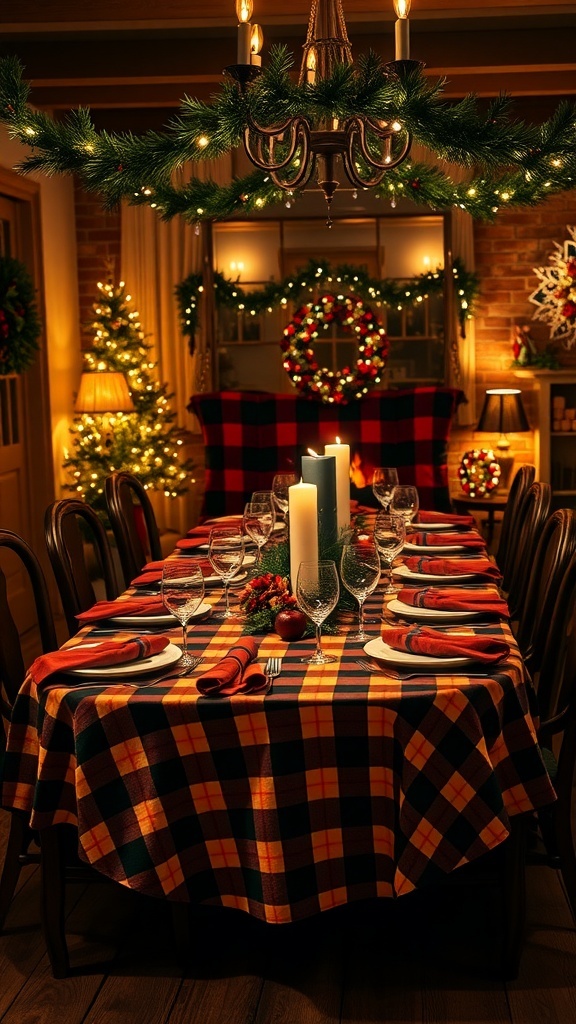 A beautifully decorated dining table with plaid and flannel textiles for Christmas.