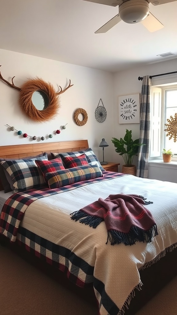 A cozy bedroom decorated with plaid and fleece accents for Christmas.
