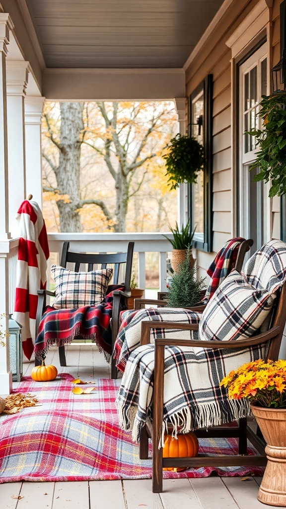 A cozy fall porch decorated with plaid blankets, pillows, pumpkins, and flowers.