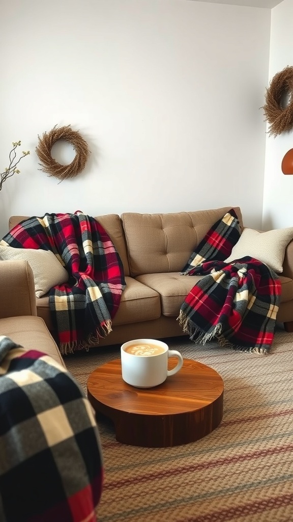 Cozy living room with plaid blankets and a warm drink on a wooden table.