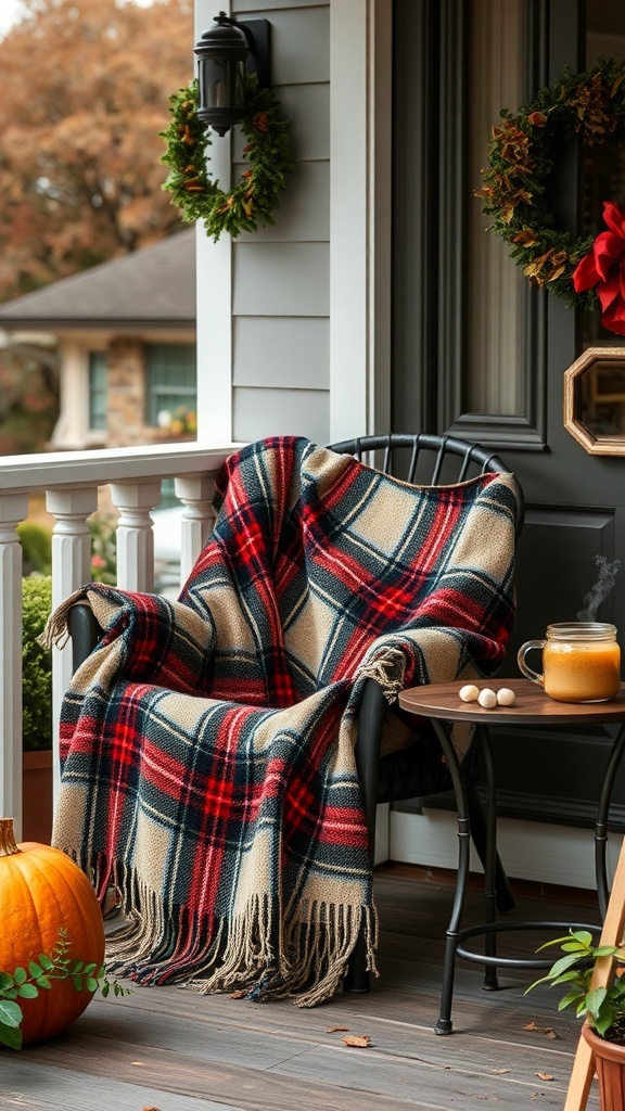 A cozy small porch with a plaid blanket on a chair, a cup of coffee, and a candle.