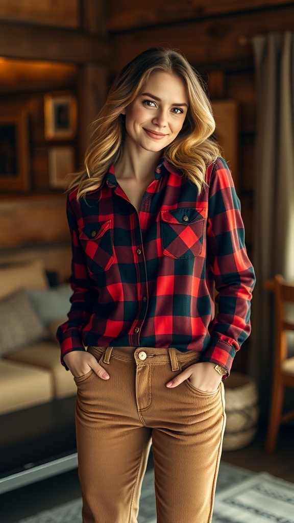 A man wearing a plaid flannel shirt and corduroy pants, standing indoors with a rustic background.