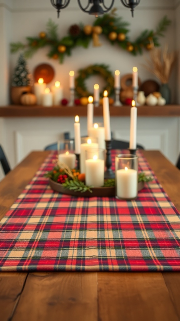 A plaid patterned table runner on a wooden table, adorned with candles and seasonal decorations.