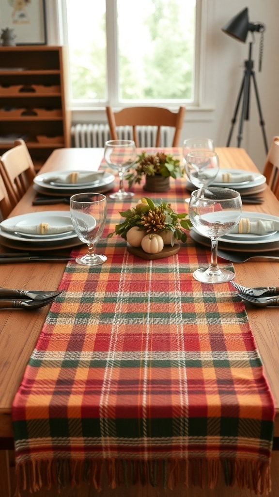 Thanksgiving table with plaid patterned table runner and decorative centerpiece.