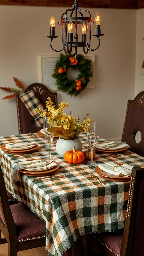 A cozy fall dining table decorated with a plaid tablecloth, a vase of yellow flowers, and a small pumpkin.