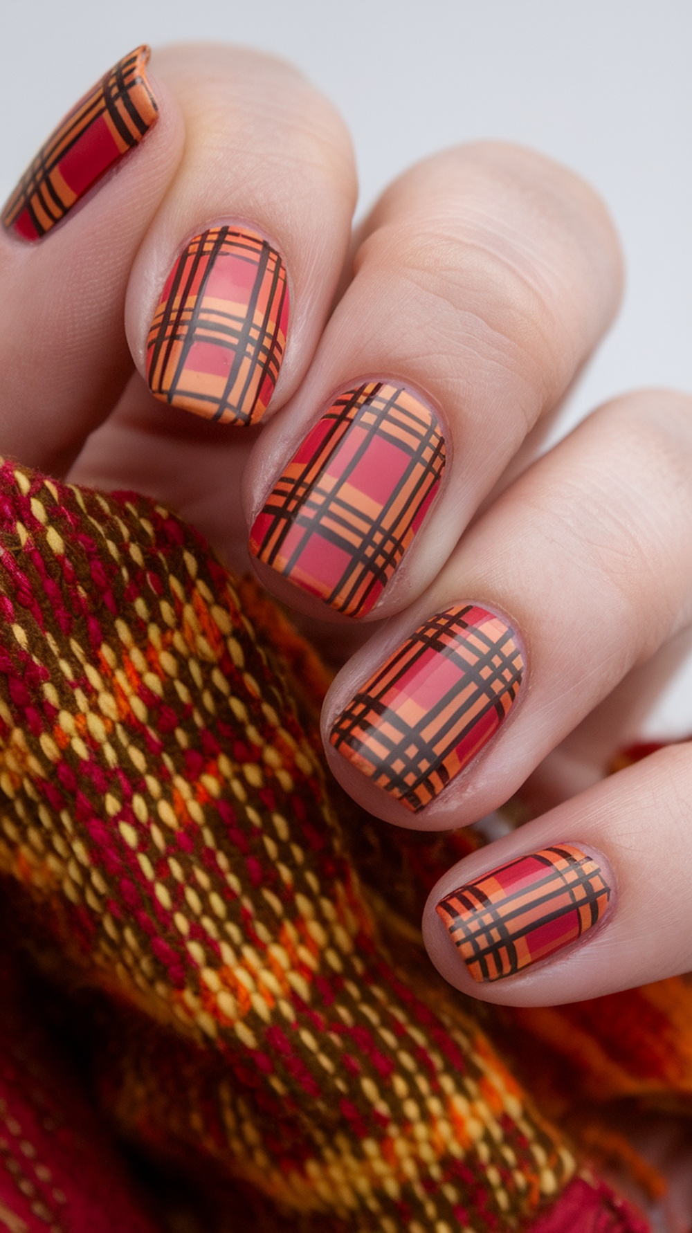 Nails featuring a plaid pattern in warm autumn colors.