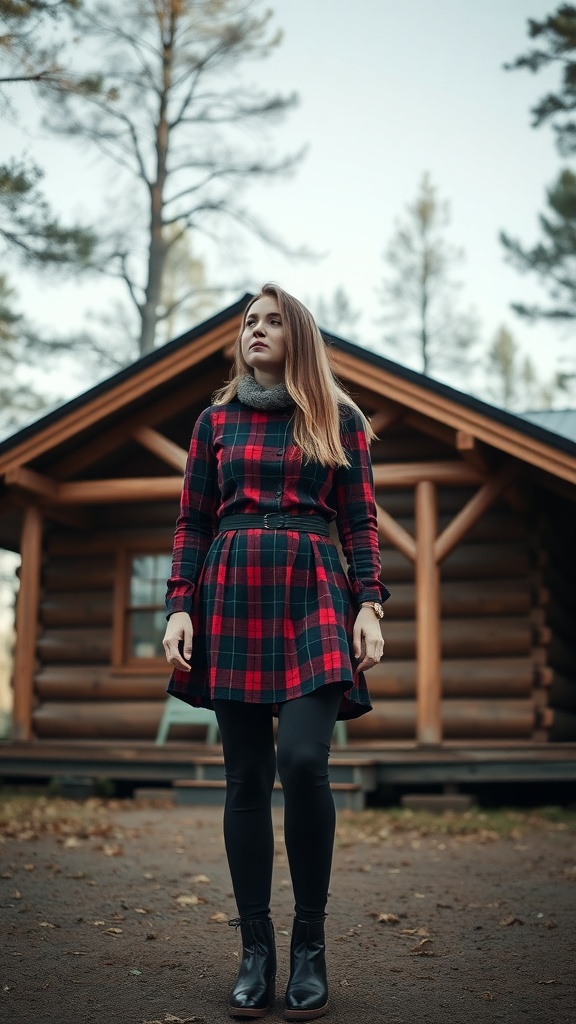 A woman in a red and black plaid skirt with thick black leggings and ankle boots, standing in front of a wooden cabin.