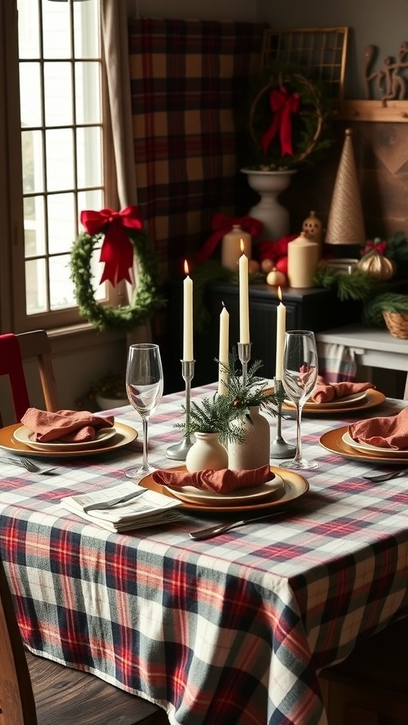 A beautifully set table with plaid linens, candles, and festive decorations.