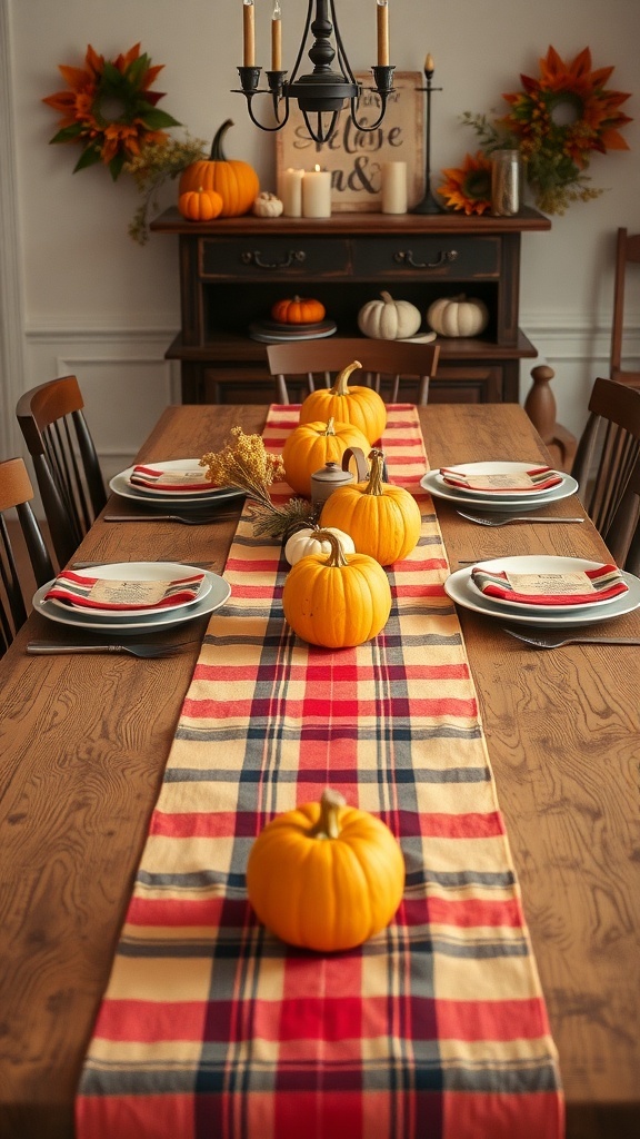 A wooden dining table with a plaid table runner, small pumpkins, and plates set for a fall gathering.