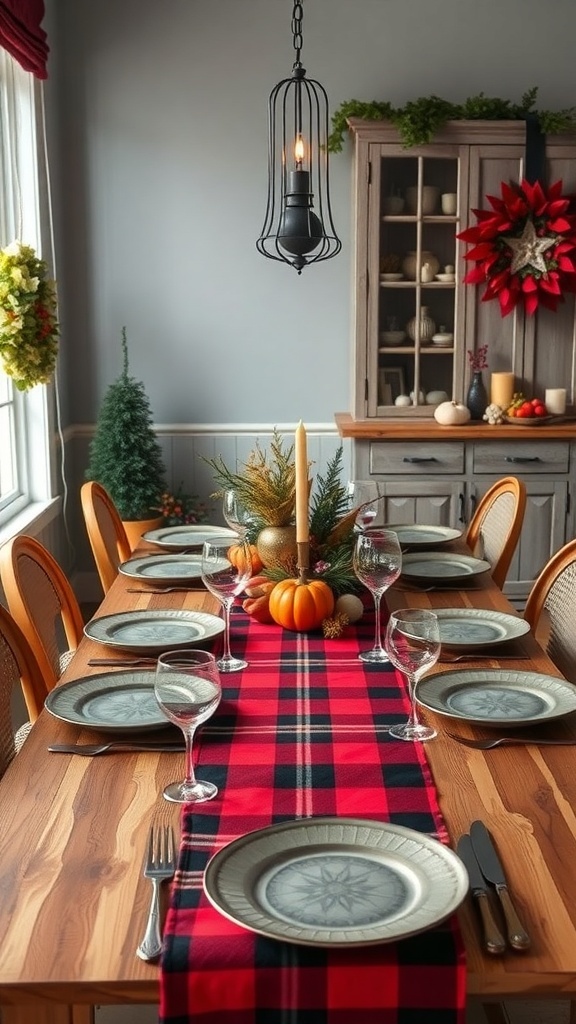 A dining table set with a plaid table runner, plates, and festive decorations.