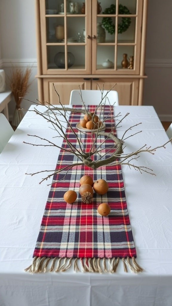 A plaid table runner with natural elements like branches and fruits on a white table.