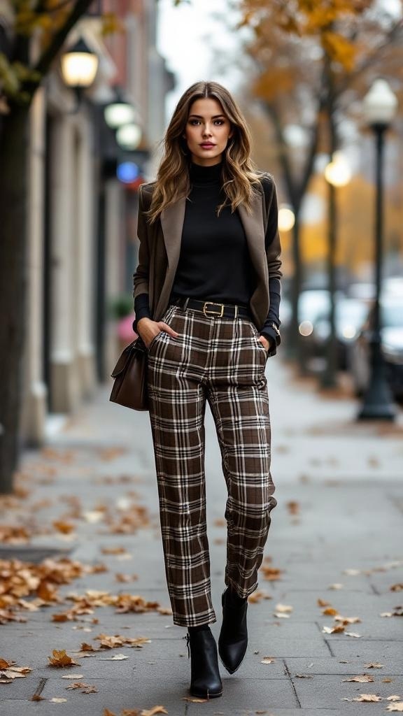 A woman wearing plaid trousers and a solid black top, walking on a city street lined with autumn leaves.