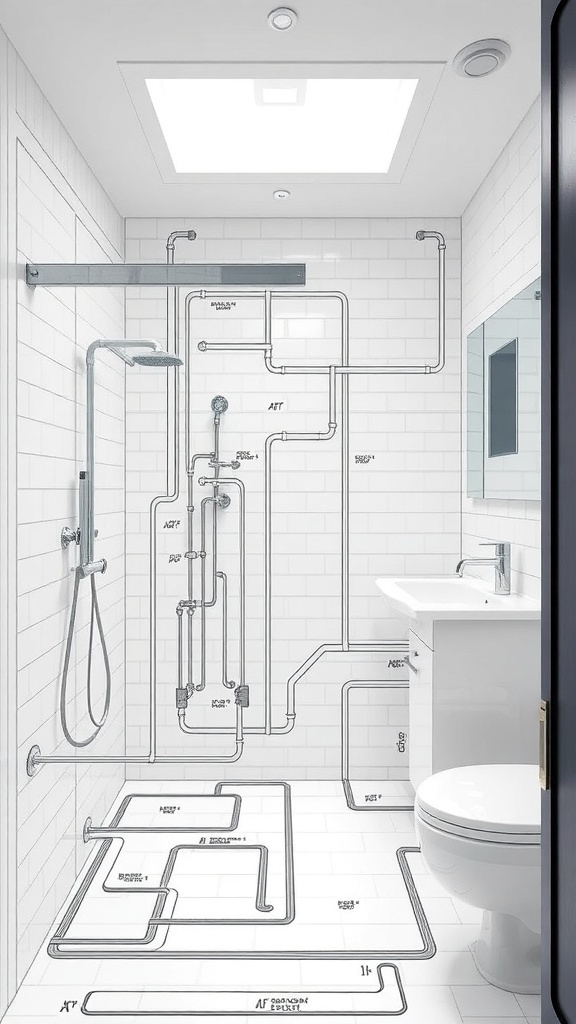 Bathroom with plumbing and electrical schematics on the walls and floor