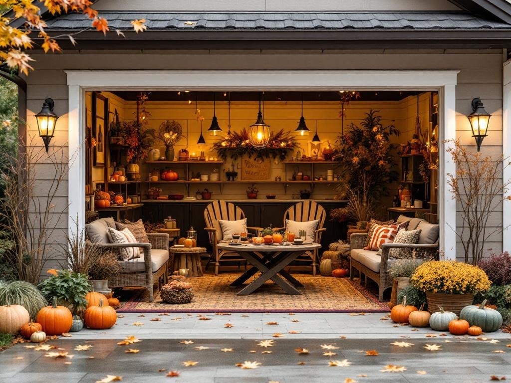 A beautifully decorated garage for Thanksgiving with pumpkins, cozy seating, and autumn decor.