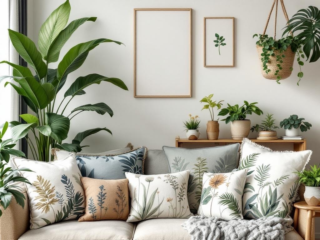 A cozy room with various plants, botanical print cushions, and framed art.