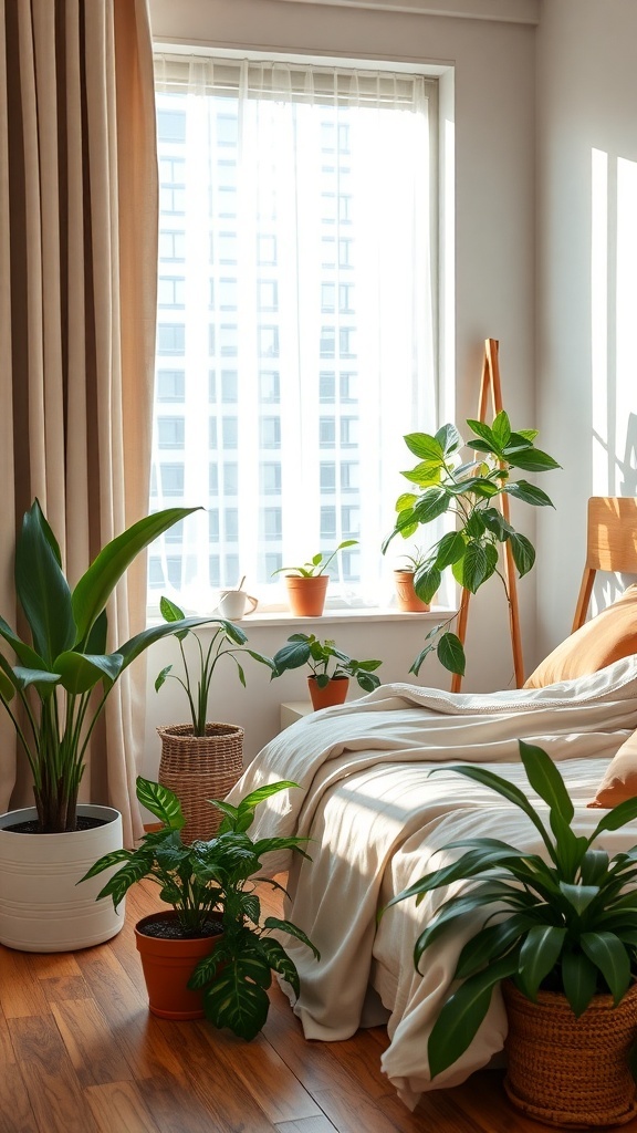 A soft neutral sleep space with various indoor plants, a bed, and natural light.