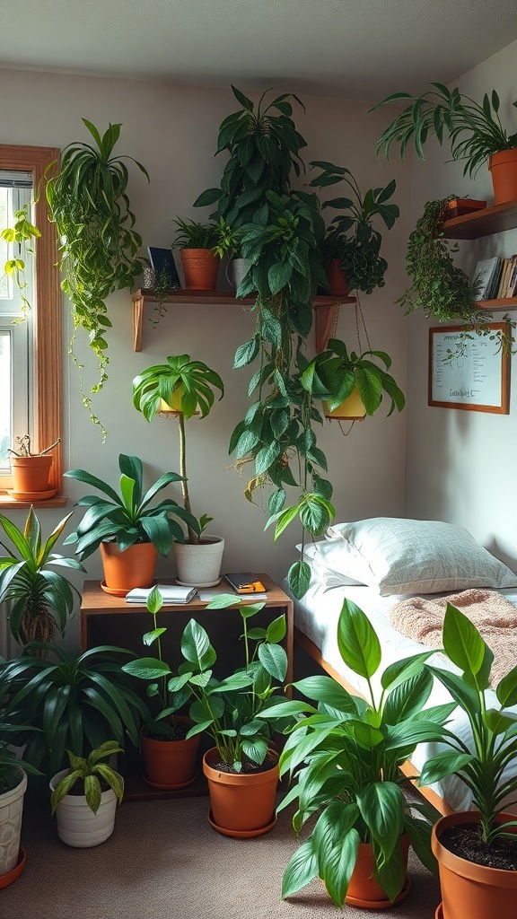 A cozy dorm room filled with various green plants, showcasing a refreshing atmosphere.
