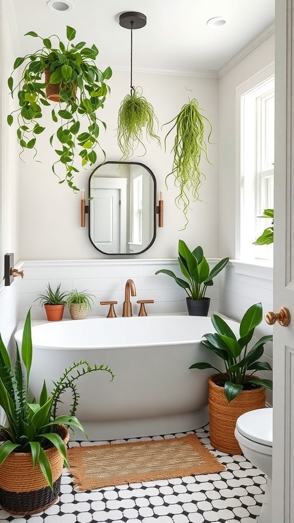 A modern farmhouse master bath featuring various plants, including hanging and potted varieties, around a freestanding bathtub.