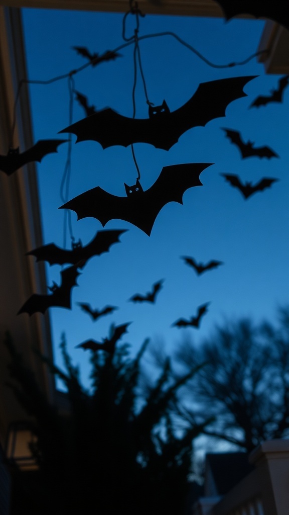 Hanging bat cutouts against a twilight sky