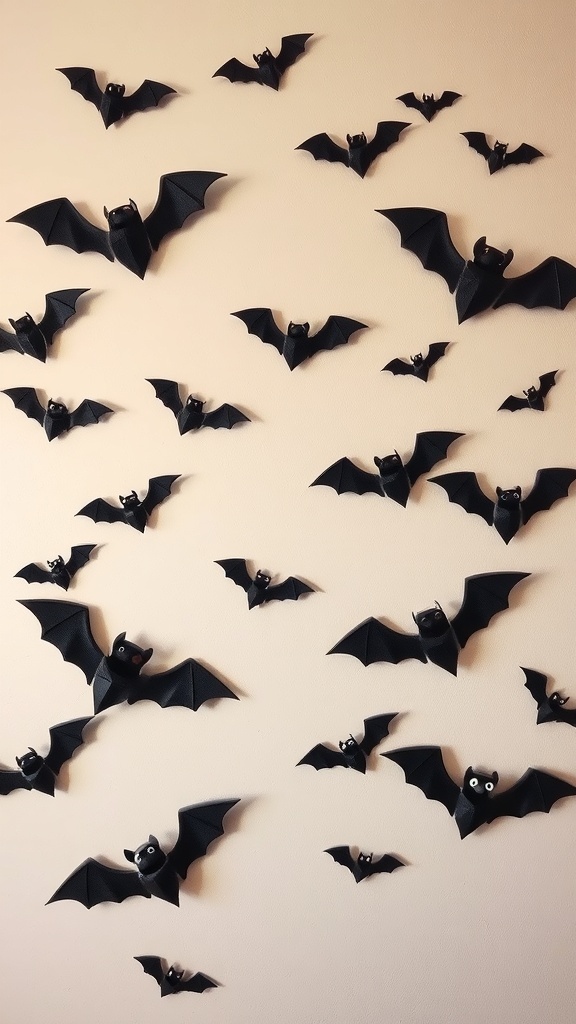 A wall decorated with playful black bat art, featuring various sizes and expressions.