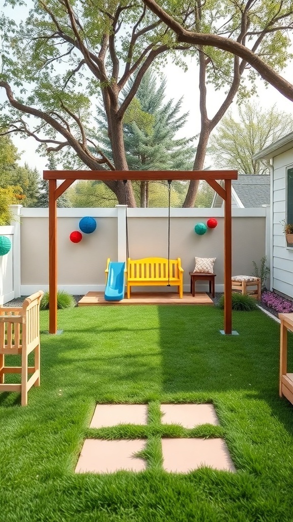 A playful children's area in a modern farmhouse backyard featuring a swing set, slide, and colorful decorations.