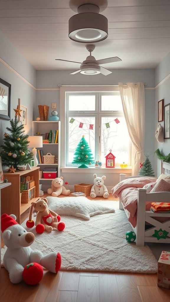A cozy children's room decorated for winter with toys and small trees.
