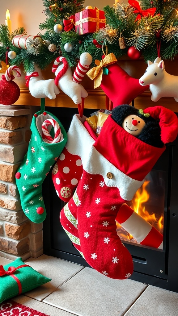 Colorful Christmas stockings hanging by a fireplace decorated for the holidays.